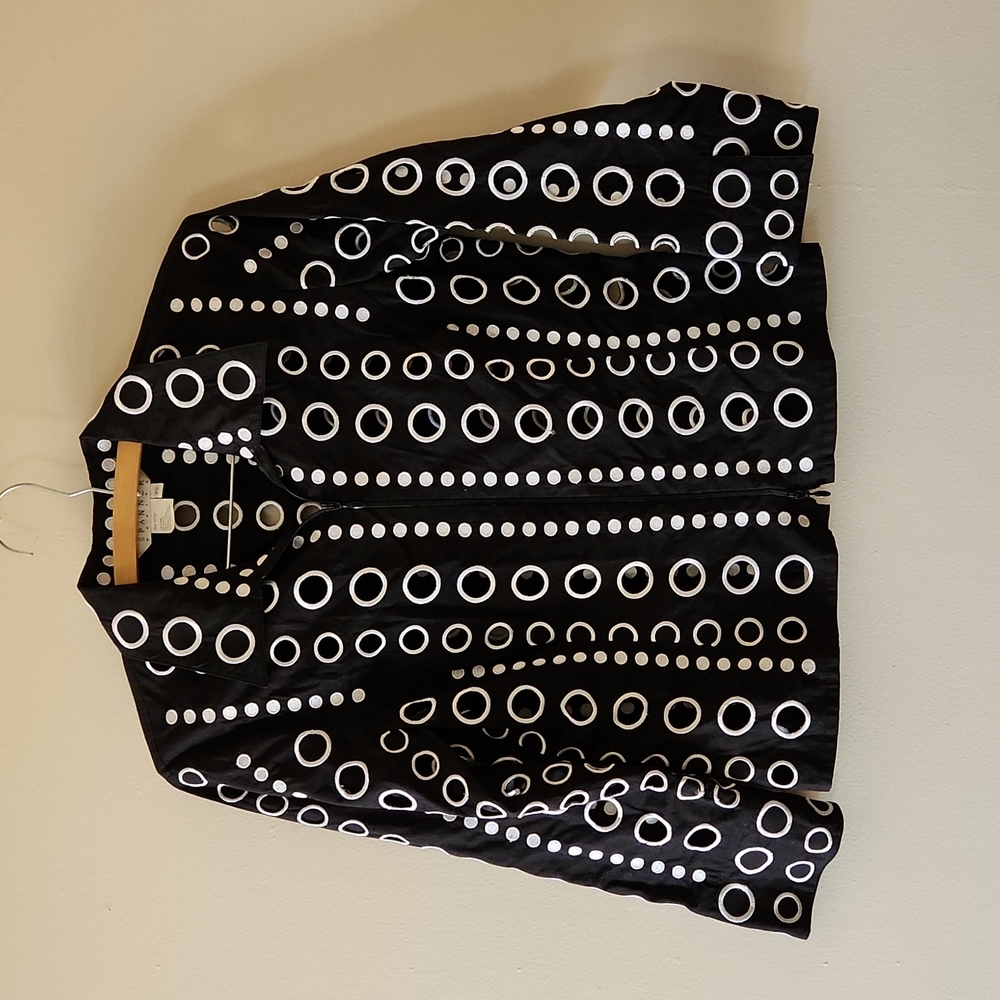 Vtg Spanner petite funky black and white circle zip-up jacket size 2